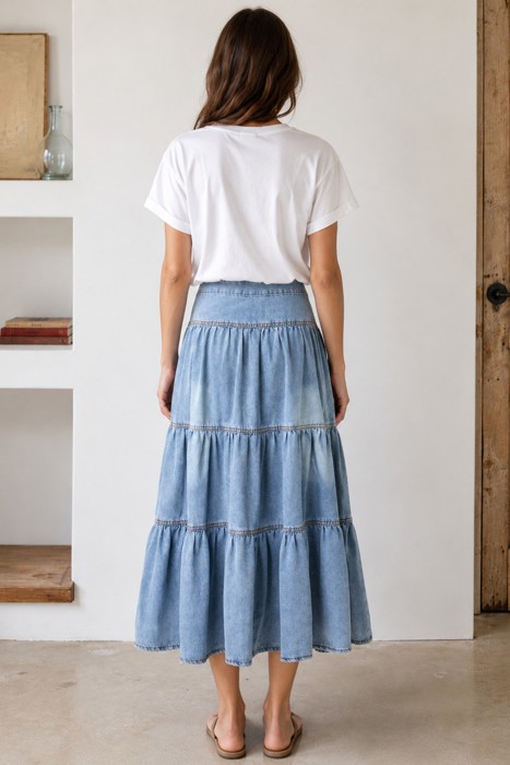 Miss Sparkling High-Waist Tiered Denim Maxi Skirt