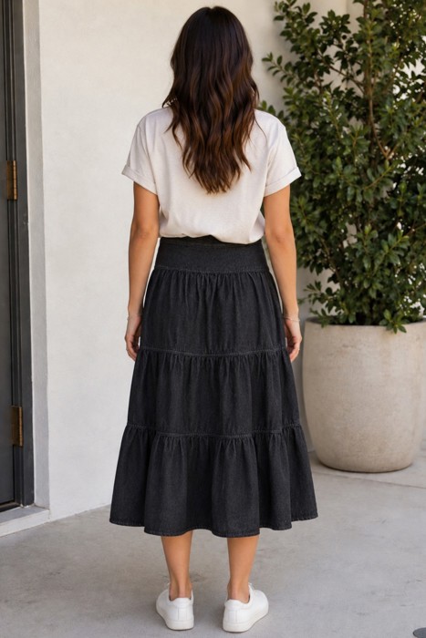Miss Sparkling High-Waist Tiered Denim Maxi Skirt