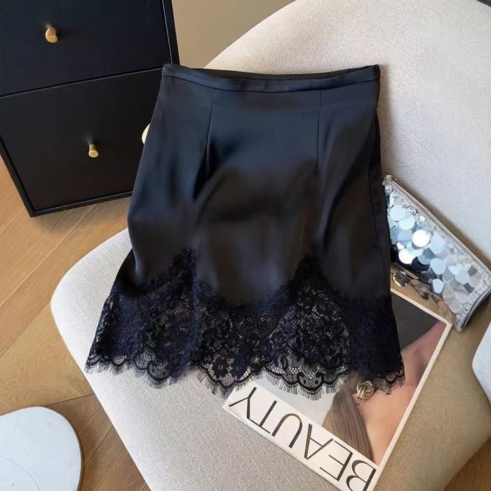 Miss Sparkling Lace-Trimmed Glossy Mini Skirt