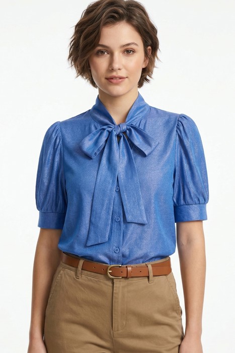 Miss Sparkling Tie-Neck Puff Sleeve Denim Blouse