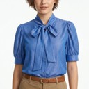  Miss Sparkling Tie-Neck Puff Sleeve Denim Blouse