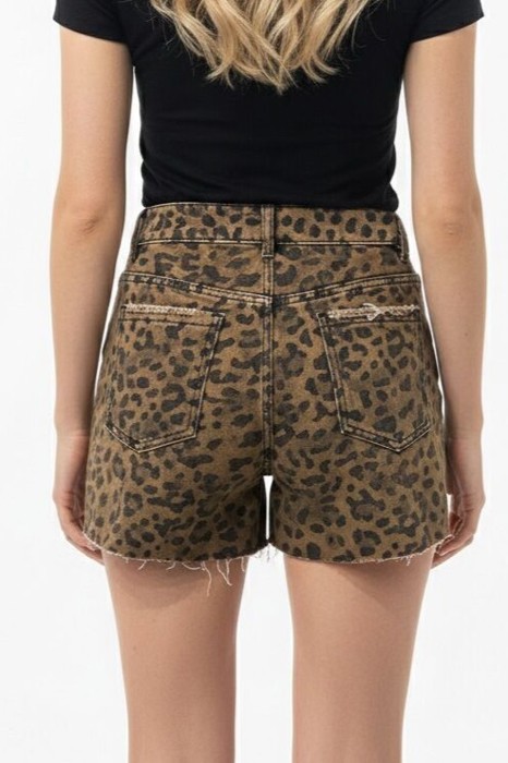 Miss Sparkling Leopard Print Frayed Hem Denim Shorts