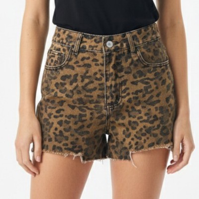 Miss Sparkling Leopard Print Frayed Hem Denim Shorts