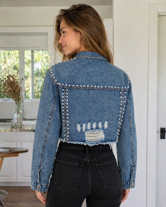 Miss Sparkling Distressed Studded Cropped Denim Jacket
