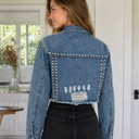  Miss Sparkling Distressed Studded Cropped Denim Jacket
