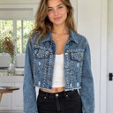  Miss Sparkling Distressed Studded Cropped Denim Jacket