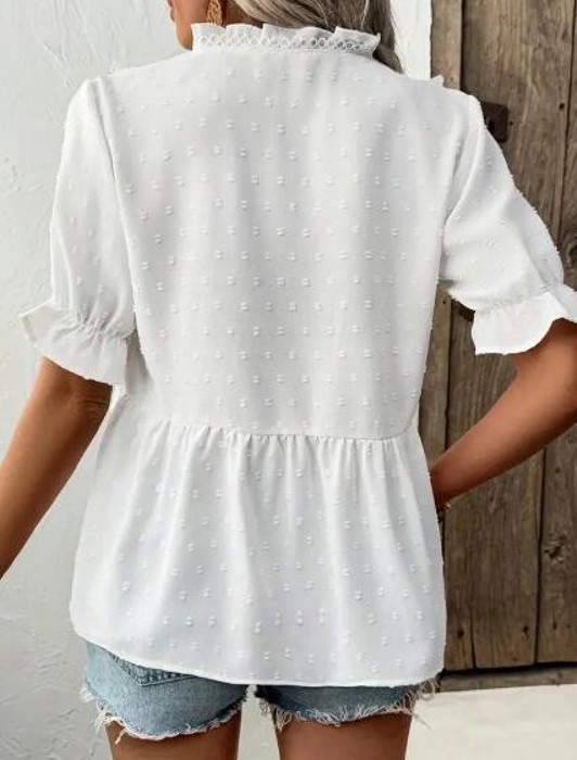 Miss Sparkling Dot Ruffle Trim V-Neck Blouse