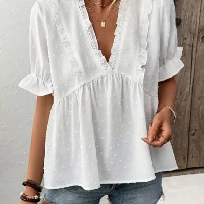 Miss Sparkling Dot Ruffle Trim V-Neck Blouse