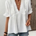  Miss Sparkling Dot Ruffle Trim V-Neck Blouse