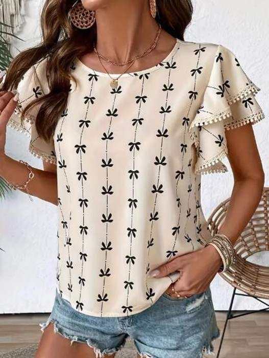 Miss Sparkling Bow Print Cap Sleeve Blouse