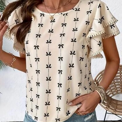 Miss Sparkling Bow Print Cap Sleeve Blouse
