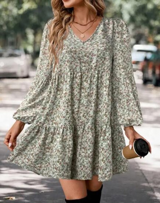Miss Sparkling Tiered Puff Sleeve Ditsy Floral Mini Dress
