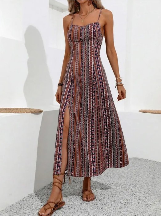 Miss Sparkling Spaghetti Strap Side Slit  Maxi Dress