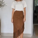  Miss Sparkling Suede Fringe Midi Skirt