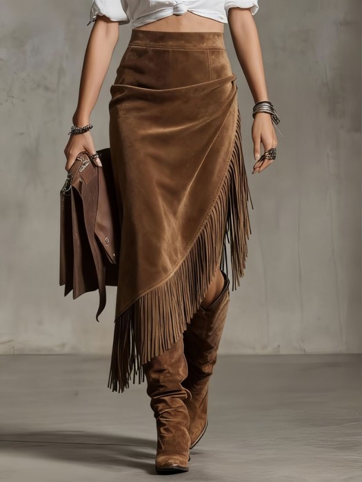 Miss Sparkling Suede Fringe Midi Skirt
