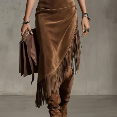 Miss Sparkling Suede Fringe Midi Skirt