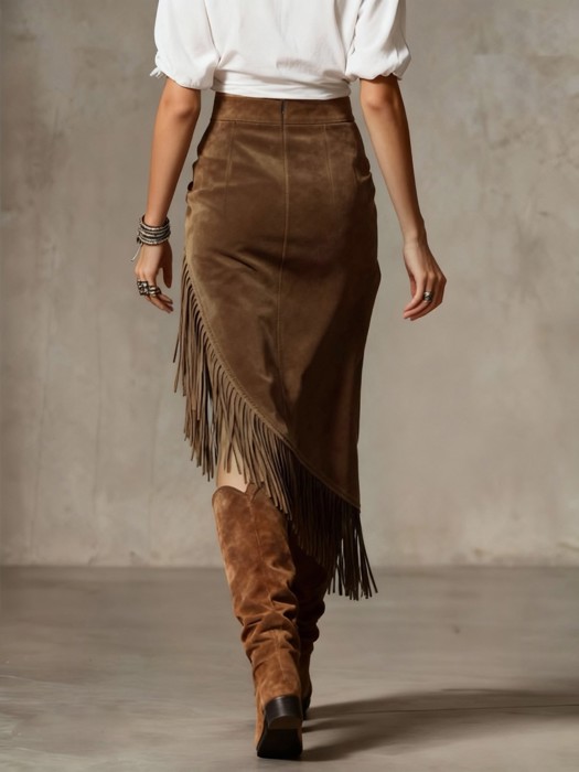 Miss Sparkling Suede Fringe Midi Skirt