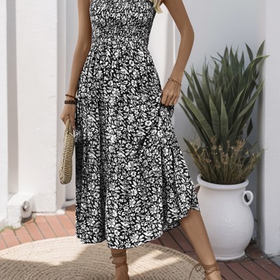 Miss Sparkling Smocked Square Neck Tiered Floral Dress