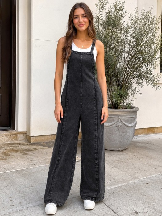 Miss Sparkling Frayed Trim Denim Overalls