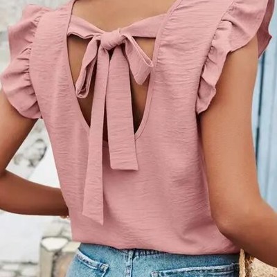 Ruffle Sleeve Blouse with Back Bow Tie – Mauve Pink