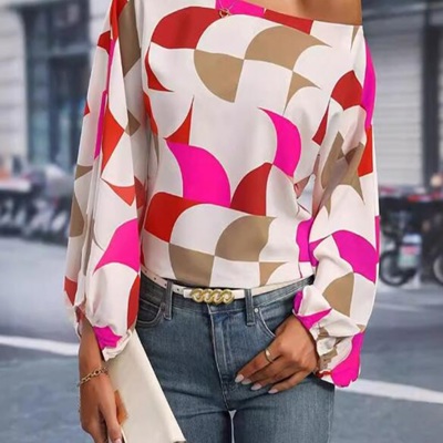 Geometric Print Lantern Sleeves Top