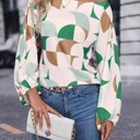 Small Green Geometric Print Lantern Sleeves Top
