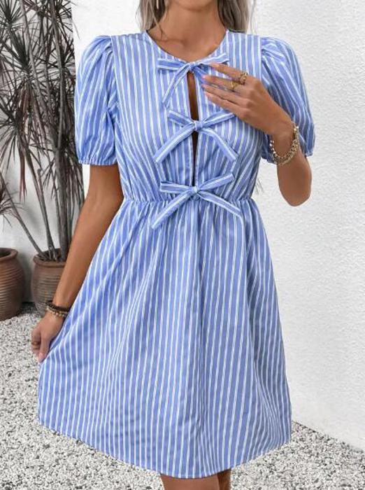 Miss Sparkling Bow Detail Keyhole Neck Puff Sleeve  Mini Dress