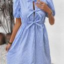 Blue Small Miss Sparkling Bow Detail Keyhole Neck Puff Sleeve  Mini Dress