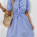 Blue Medium Miss Sparkling Bow Detail Keyhole Neck Puff Sleeve  Mini Dress