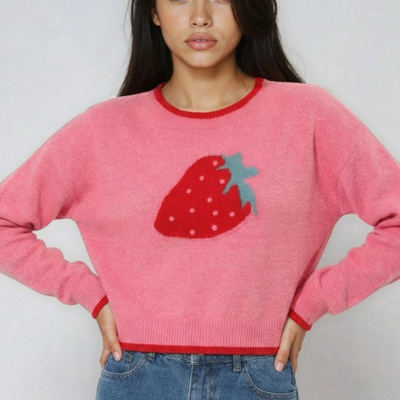 Miss Sparkling Strawberry Print Knit Sweater