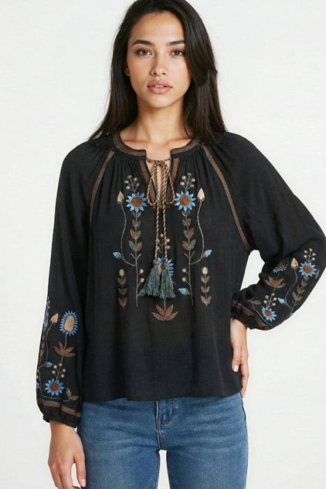 Miss Sparkling Bohemian Embroidered Floral  Blouse