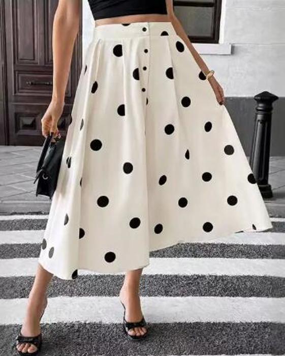 Miss Sparkling Retro Polka Dot Button-Front Midi Skirt