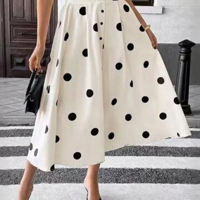 Miss Sparkling Retro Polka Dot Button-Front Midi Skirt