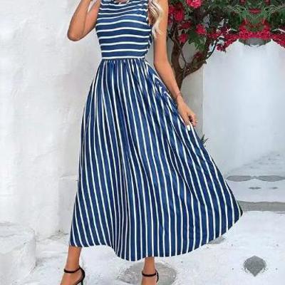 Miss Sparkling Striped Sleeveless High-Low Midi Dress