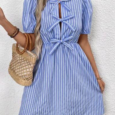 Miss Sparkling Bow Detail Keyhole Neck Puff Sleeve  Mini Dress