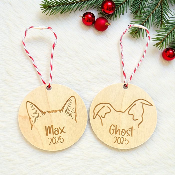 Personalized Pet Ear Ornament • Custom Dog or Cat Ears • Name + Year • Wood Christmas Gift