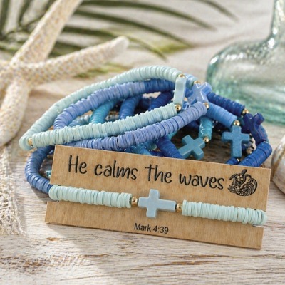 He Calms The Waves Bracelet Gift Set | Christian Beach Bracelet | Engraved Wooden Card | Coastal Faith Gift for Women | Set of 4