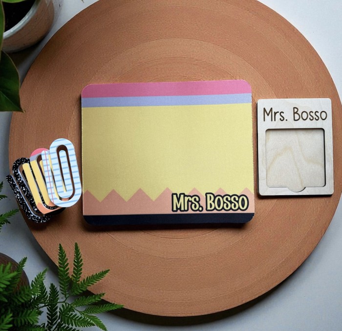 Personalized Teacher Gift Set – Custom Mouse Pad + Post-It Holder + Jumbo Paperclips | End of Year or Christmas Gift