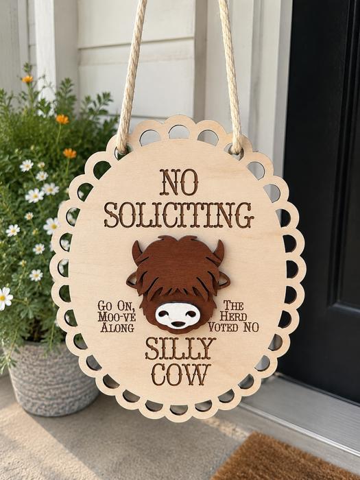 Funny No Soliciting Door Hanger | Highland Cow Door Sign | Front Door Decor | Wooden Porch Sign