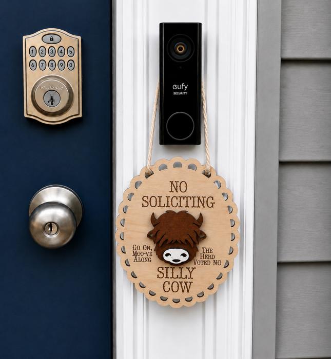 Funny No Soliciting Door Hanger | Highland Cow Door Sign | Front Door Decor | Wooden Porch Sign