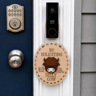 Funny No Soliciting Door Hanger | Highland Cow Door Sign | Front Door Decor | Wooden Porch Sign