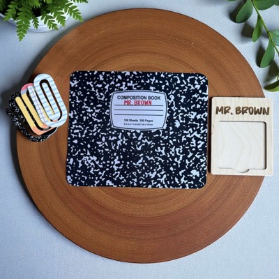 Personalized Teacher Gift Set – Composition Mouse Pad + Engraved Sticky Note Holder + Jumbo Paperclips | Holiday or Year-End Gift