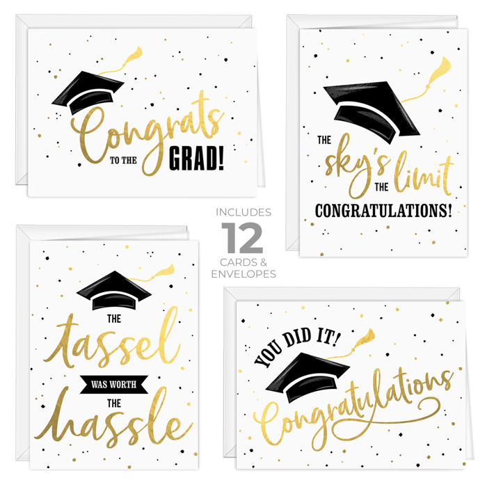 Graduation Card Assortment / Set of 12 Cards With White Envelopes / Four Black And Faux Gold Foil Designs