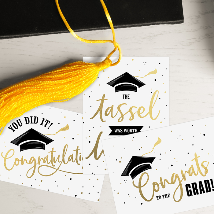 Graduation Card Assortment / Set of 12 Cards With White Envelopes / Four Black And Faux Gold Foil Designs