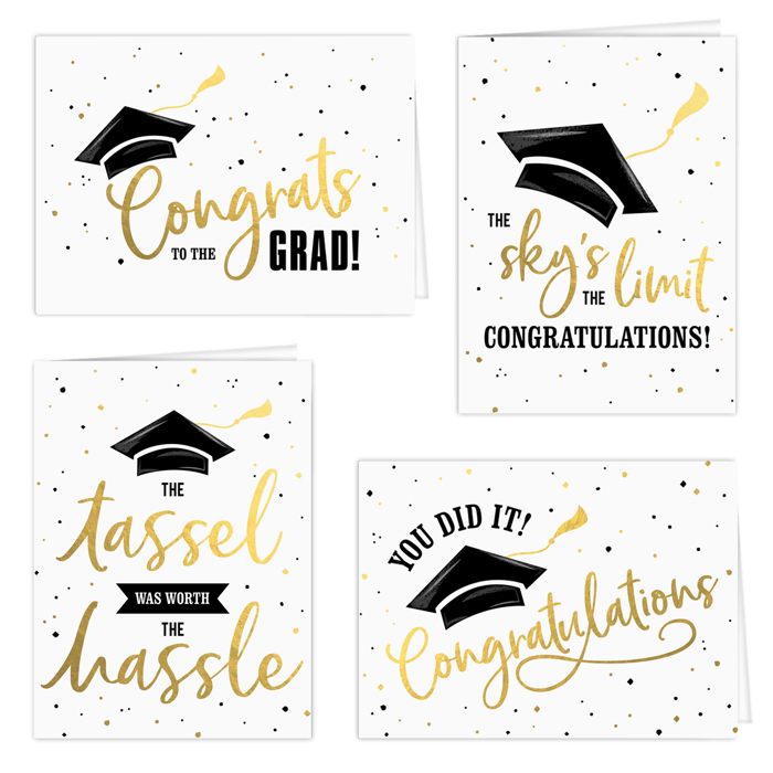 Graduation Card Assortment / Set of 12 Cards With White Envelopes / Four Black And Faux Gold Foil Designs