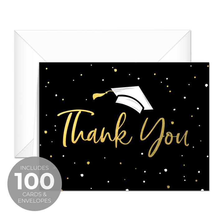 Black Gold Confetti Graduation Thank You Cards / 100 Bulk Note Cards With White Envelopes / 5.5" x 4.25" High School College Grad Greeting Cards / Made In USA