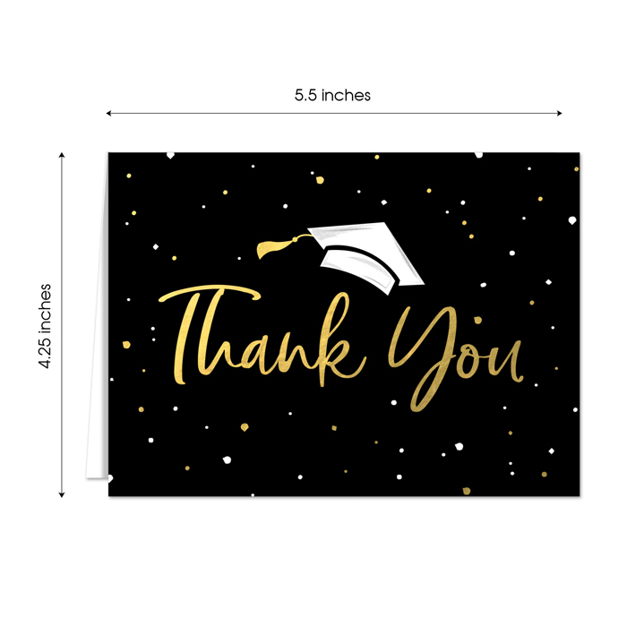 Black Gold Confetti Graduation Thank You Cards / 100 Bulk Note Cards With White Envelopes / 5.5" x 4.25" High School College Grad Greeting Cards / Made In USA