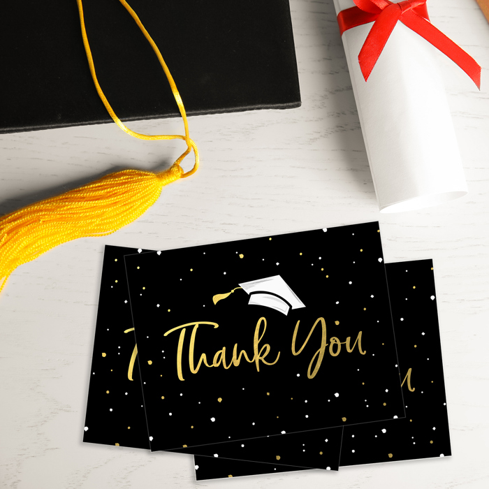 Black Gold Confetti Graduation Thank You Cards / 100 Bulk Note Cards With White Envelopes / 5.5" x 4.25" High School College Grad Greeting Cards / Made In USA
