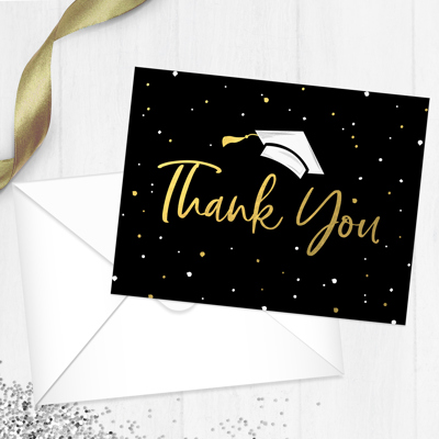 Black Gold Confetti Graduation Thank You Cards / 100 Bulk Note Cards With White Envelopes / 5.5" x 4.25" High School College Grad Greeting Cards / Made In USA