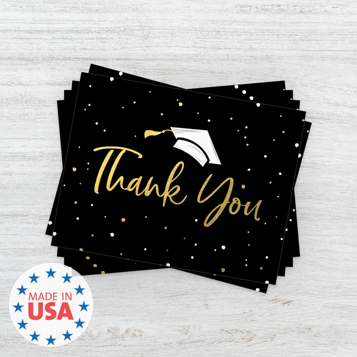 Black Gold Confetti Graduation Thank You Cards / 100 Bulk Note Cards With White Envelopes / 5.5" x 4.25" High School College Grad Greeting Cards / Made In USA
